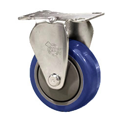 rigid caster with non marking 3 inch blue polyurethane tread wheel.